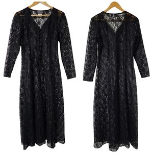 All That Jazz Vintage 90s Black Lace Maxi Dress Button Front Size 5/6
